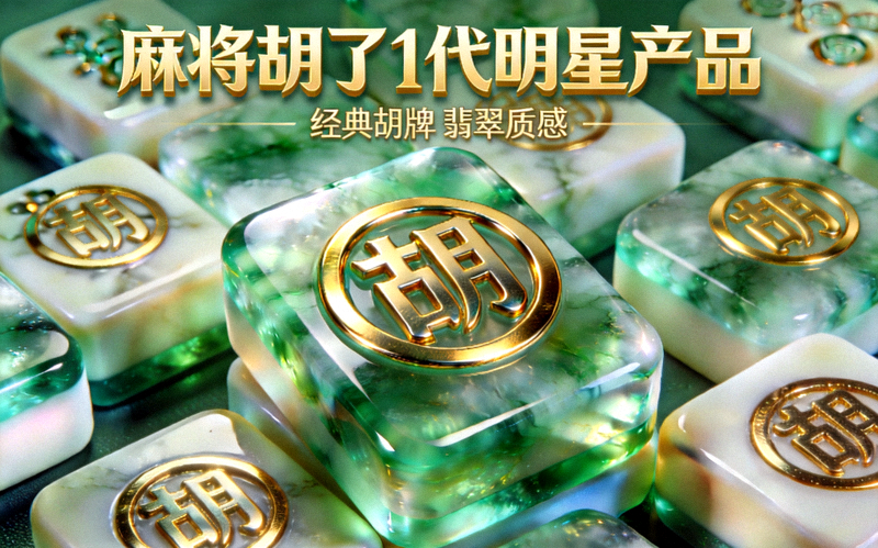 麻将胡了1代明星产品主视觉，金色胡牌标志与翡翠麻将牌面交织出华美游戏画面