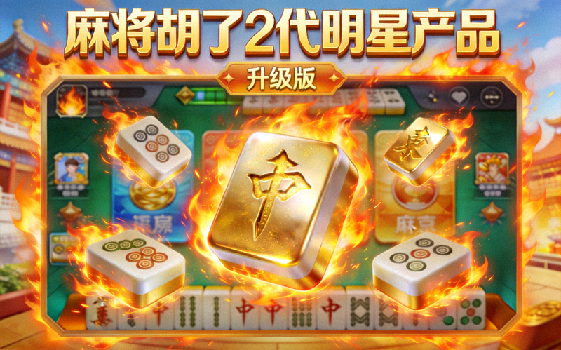 麻将胡了2代明星产品界面展示，升级版火焰特效环绕金色麻将牌，爆发感十足