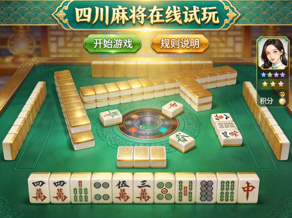 四川麻将在线试玩界面展示，翡翠绿牌桌与金色牌背搭配出巴蜀风味